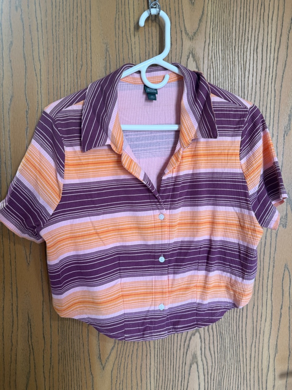 Plus Size Cropped Striped Button-Up Shirt in Purple & Orange